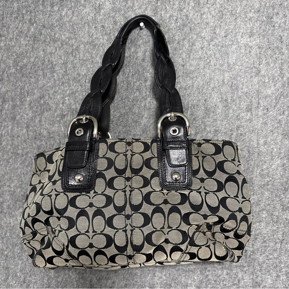 Y2K COACH Sig Jacq Tote Shoulder Bag Black & Gray C Logo Braided Leather Handles